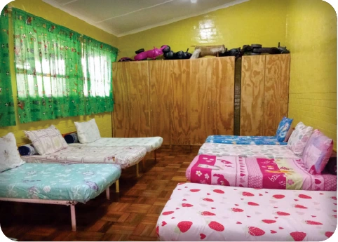 A bedroom with space for belongings